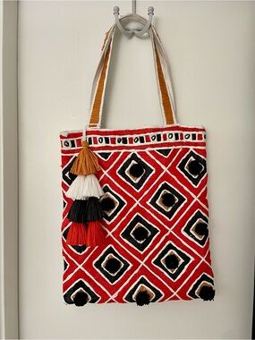 IbBan - Red Black White Raffia Tote with Tassel Accent